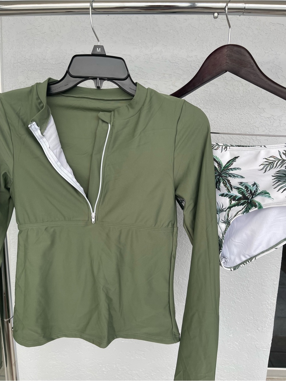 Olive Green Long Sleeve Rash Guard Top w/Tropical Palm Tree Bikini Bottoms NWOT